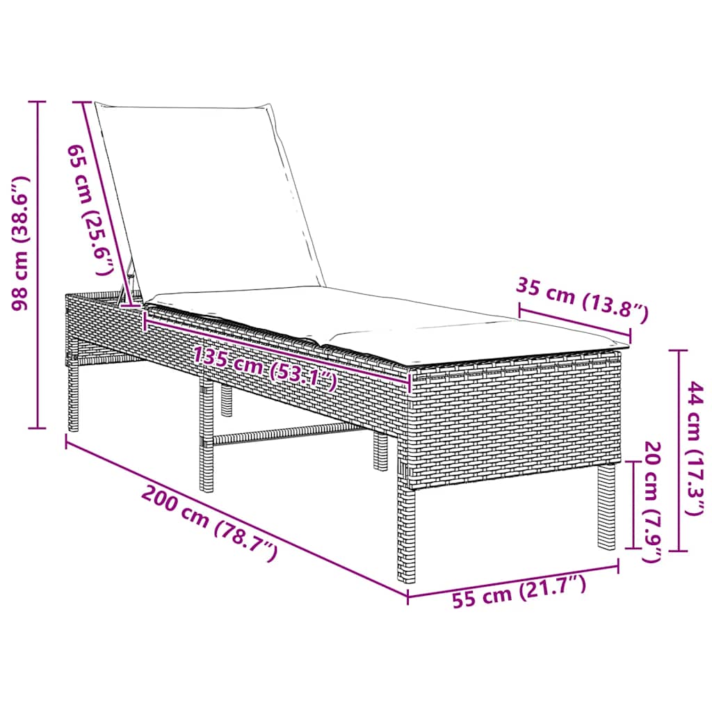 Ligstoel met kussen grijs 55x200x44cm polyrotan