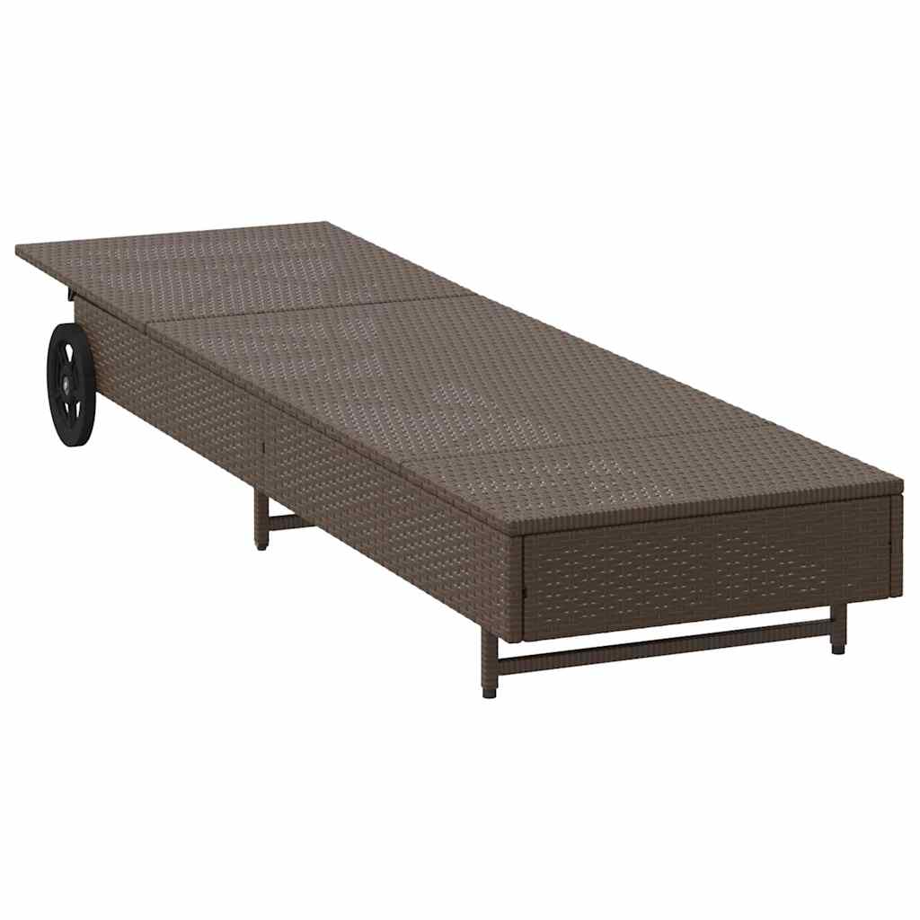Ligbed met wielen en kussen poly rattan bruin