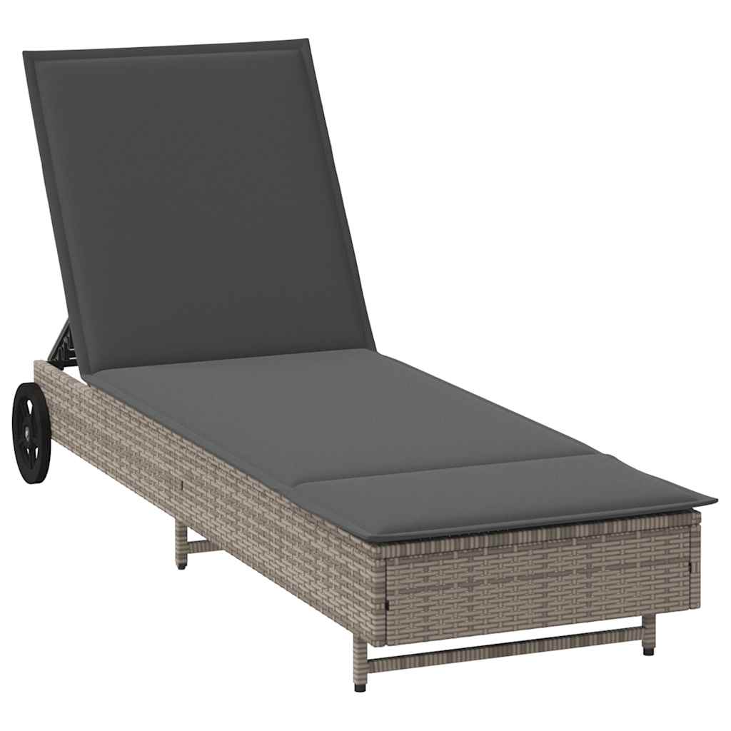 Ligbed met wielen en kussen poly rattan grijs