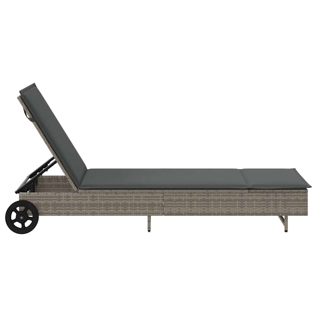 Ligbed met wielen en kussen poly rattan grijs