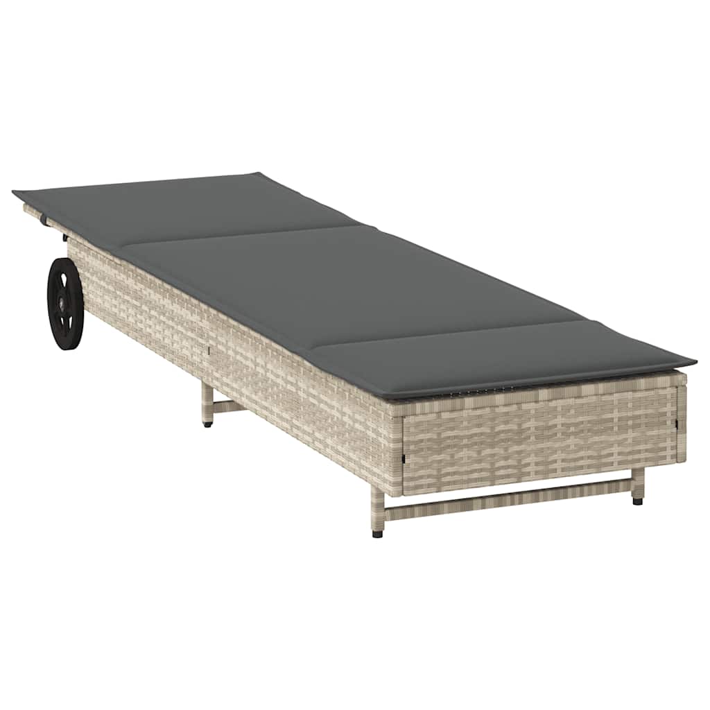 Ligbed met wielen en kussens poly rattan lichtgrijs
