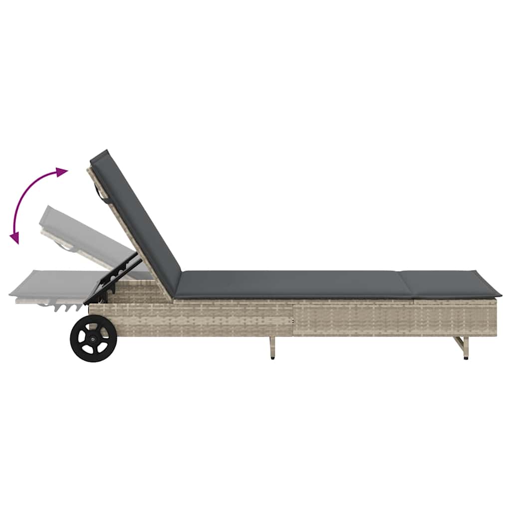 Ligbed met wielen en kussens poly rattan lichtgrijs