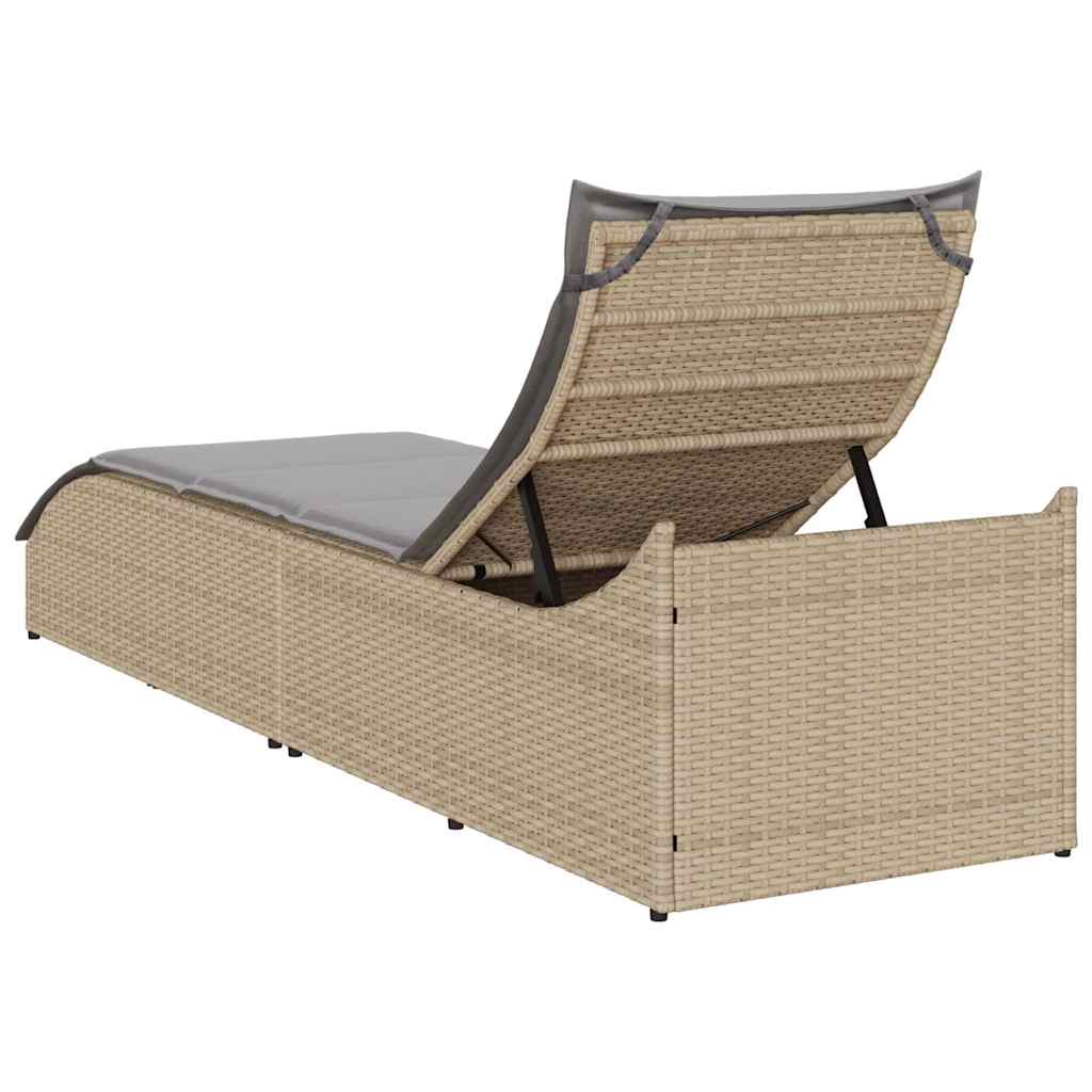 Ligstoel inklapbaar met kussen opbergruimte poly rattan beige