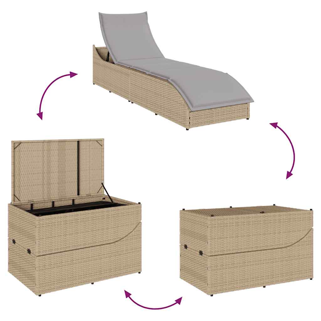 Ligstoel inklapbaar met kussen opbergruimte poly rattan beige