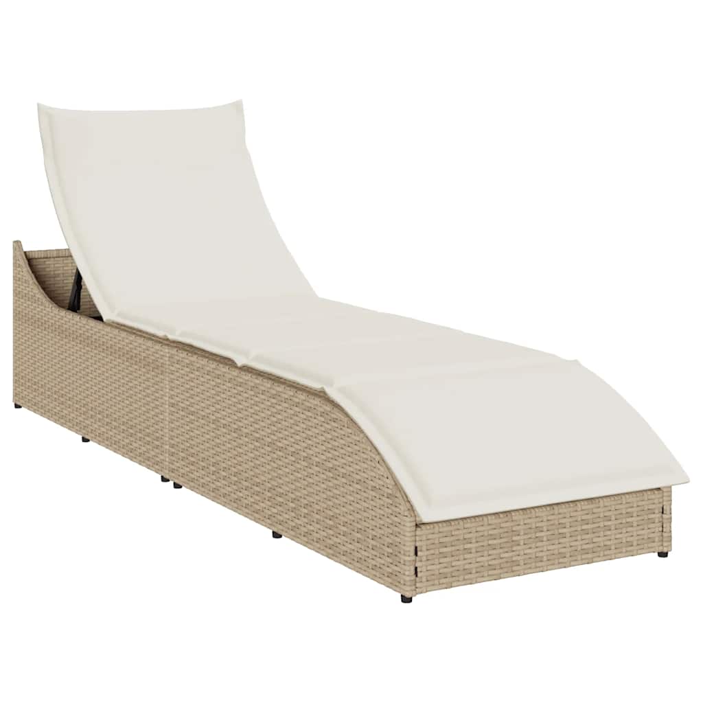 Ligstoel inklapbaar met kussen opbergruimte poly rattan beige