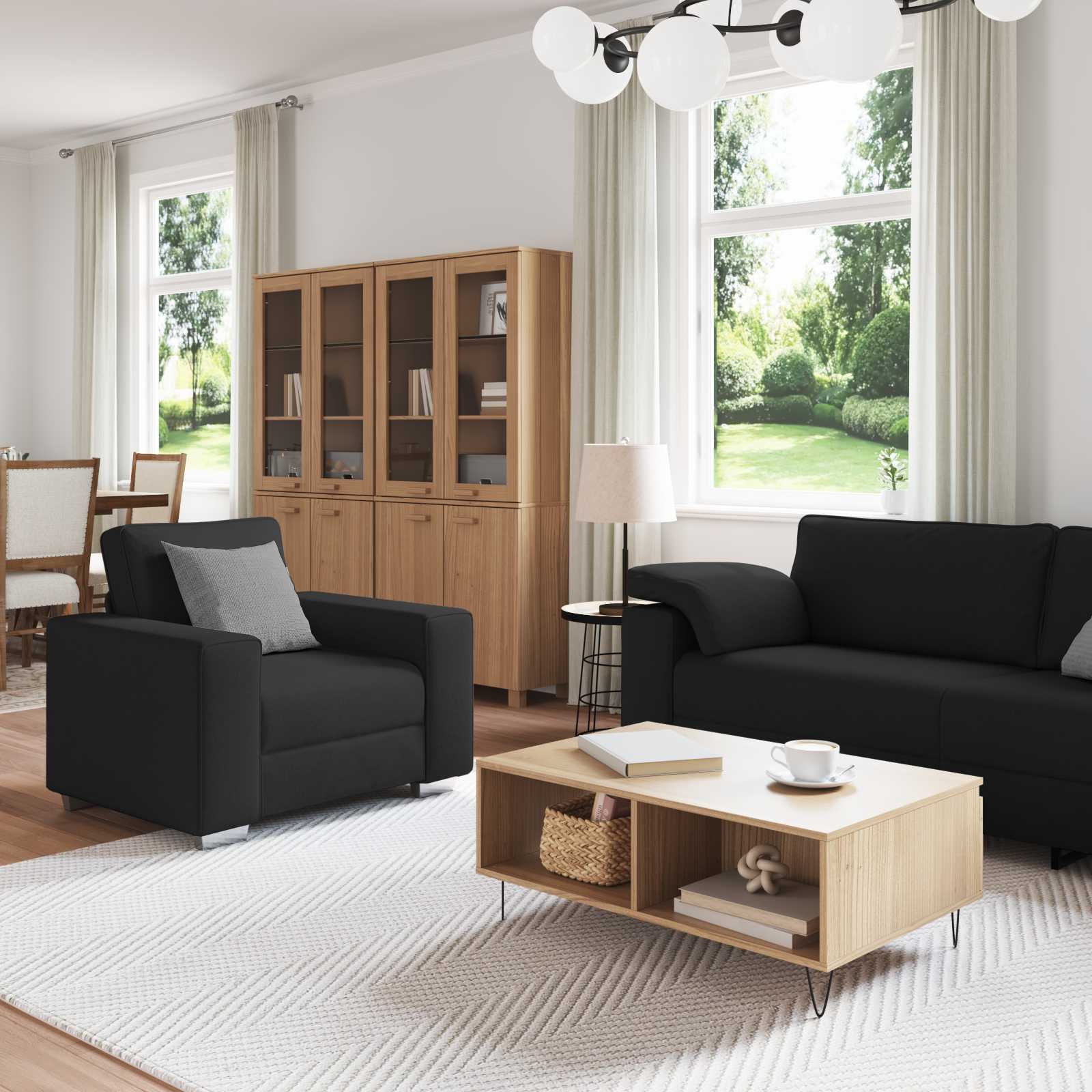 Bank 3 st Zwart Linnen-mix stof