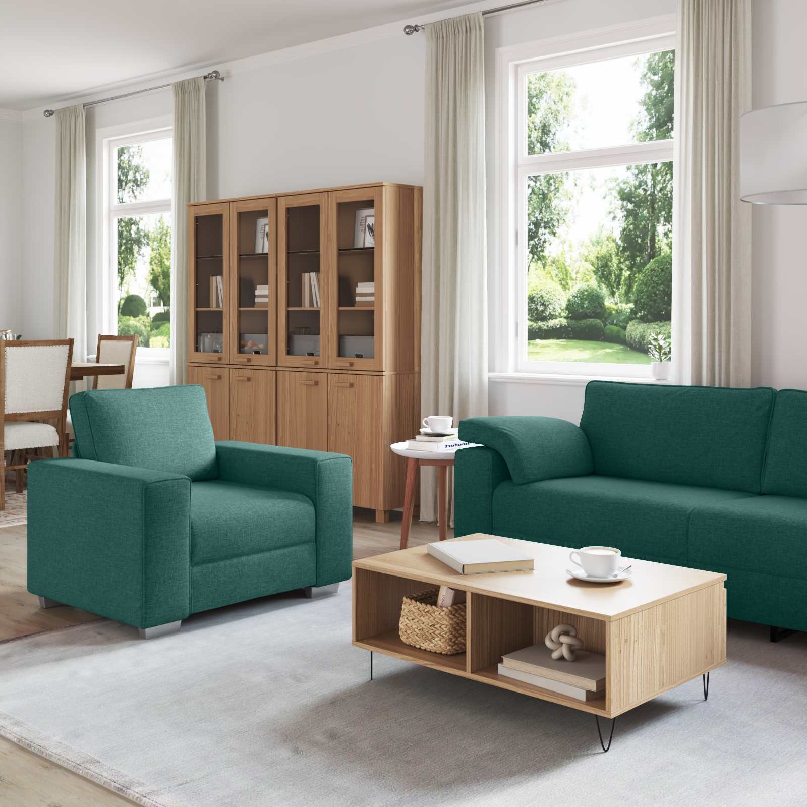 Bank 3 st Donkergroen Linnen-mix stof