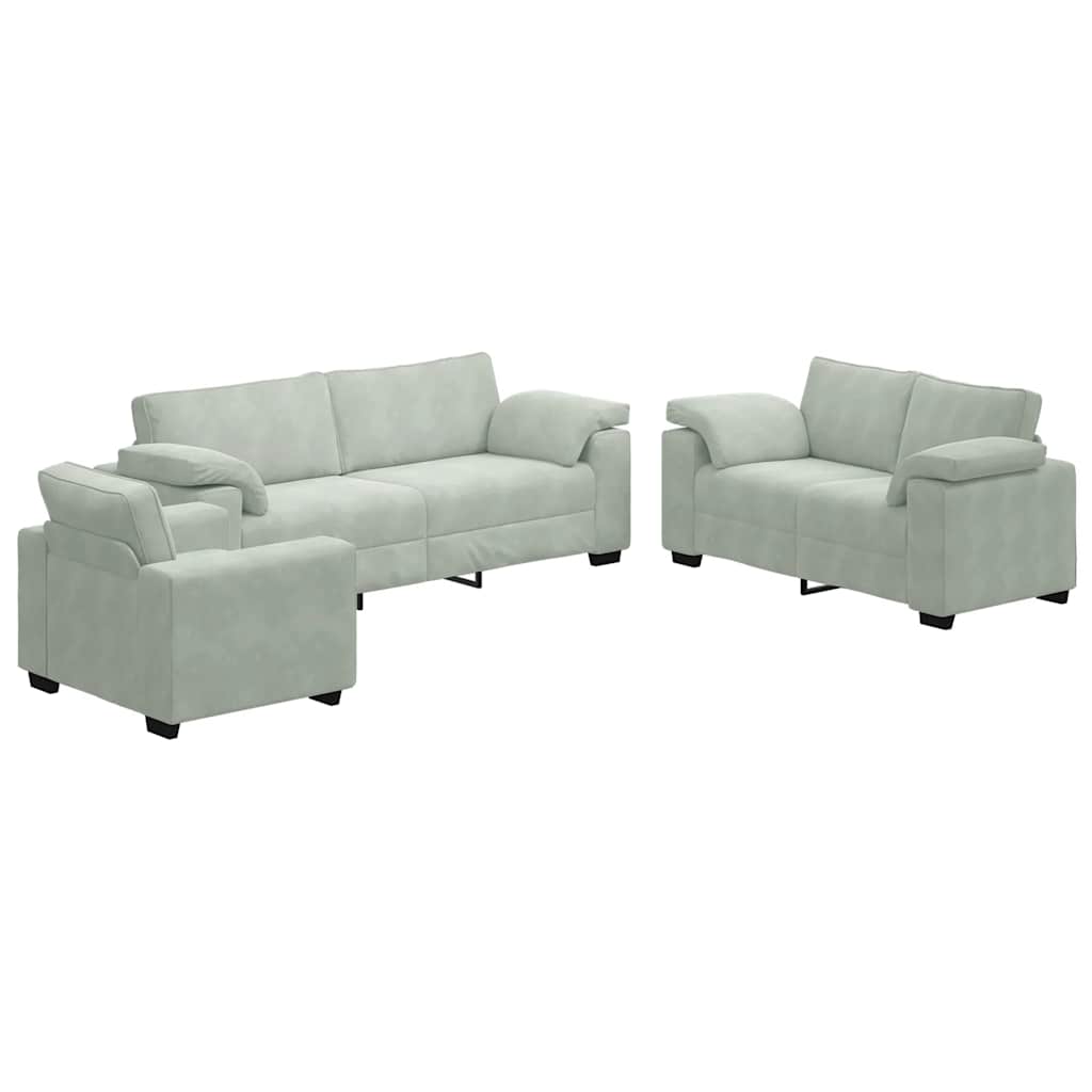 3-delige Loungeset met kussens fluweel lichtgrijs