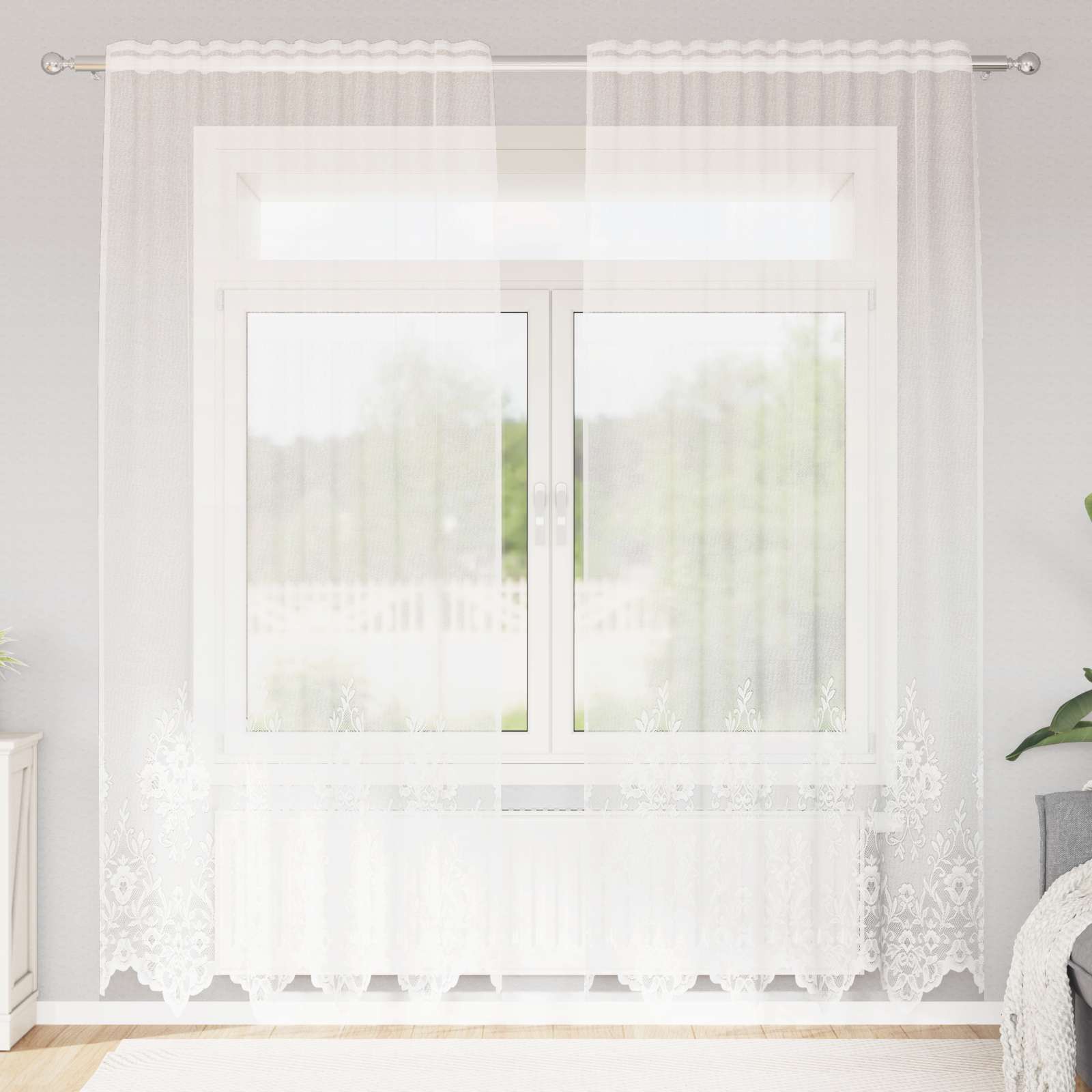 Kantgordijn met gordijnen Bloemen Wit 200 x 150 cm Polyester