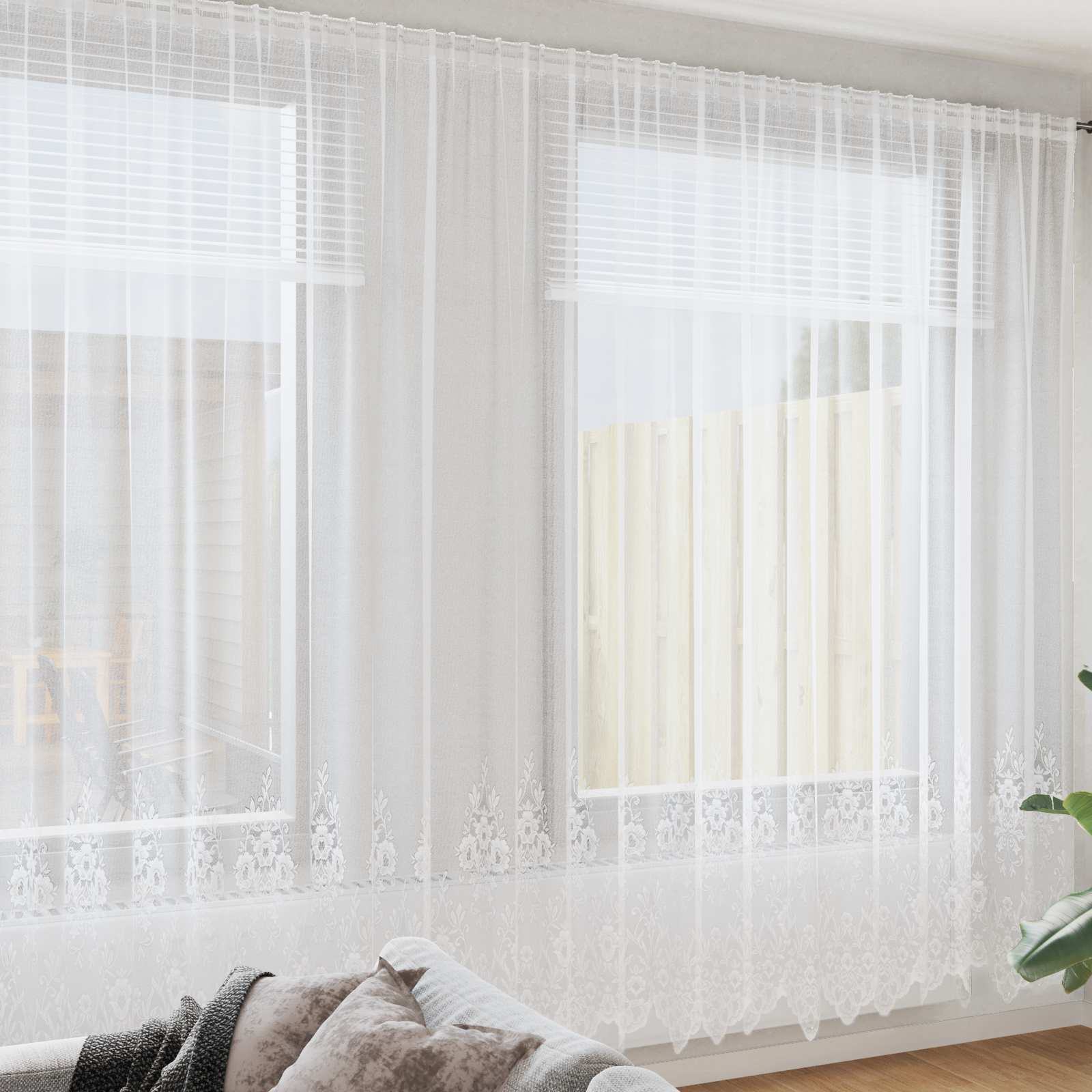 Kantgordijn met gordijnen Bloemen Wit 300 x 600 cm Polyester