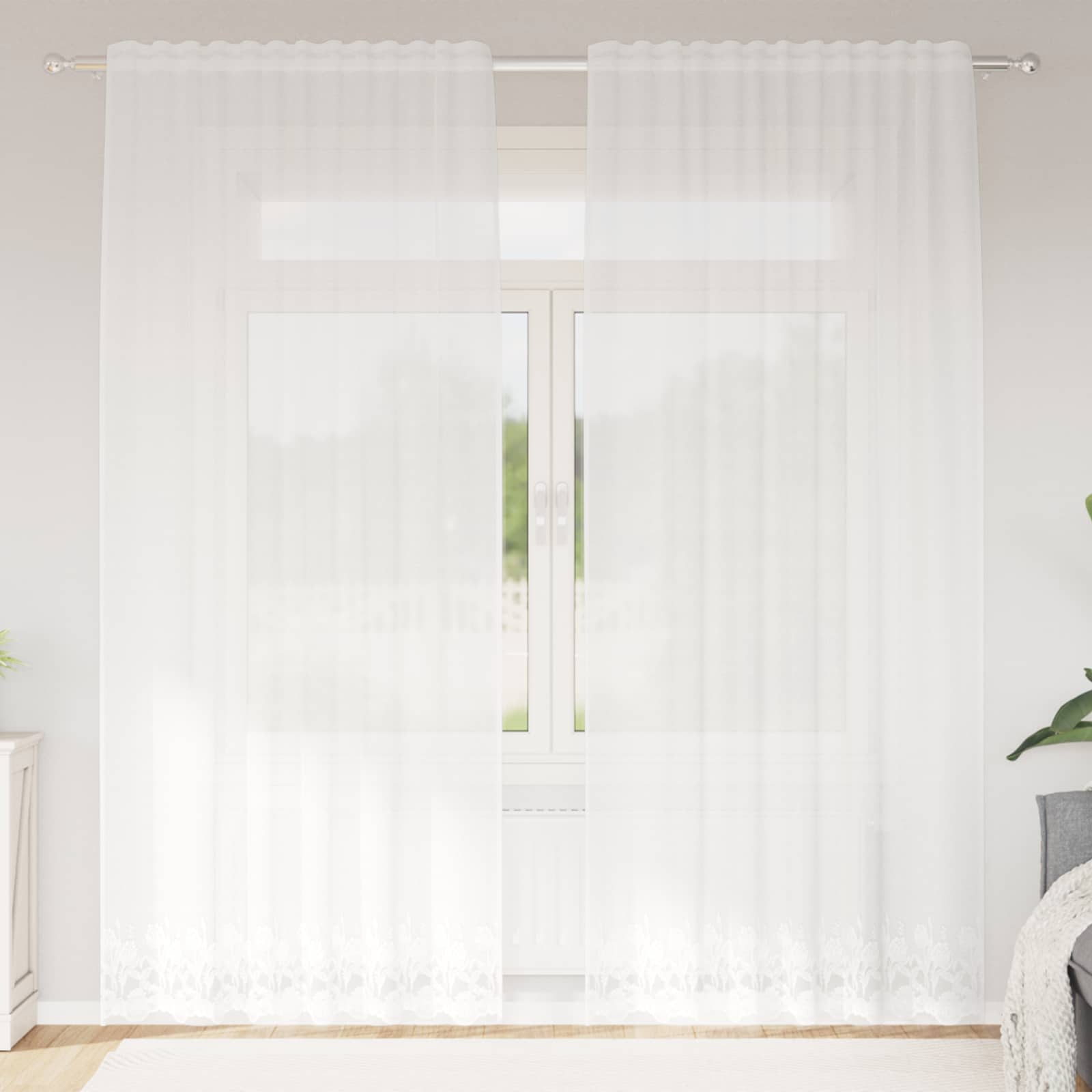 Kantgordijn met gordijnen Bloemen Wit 240 x 150 cm Polyester