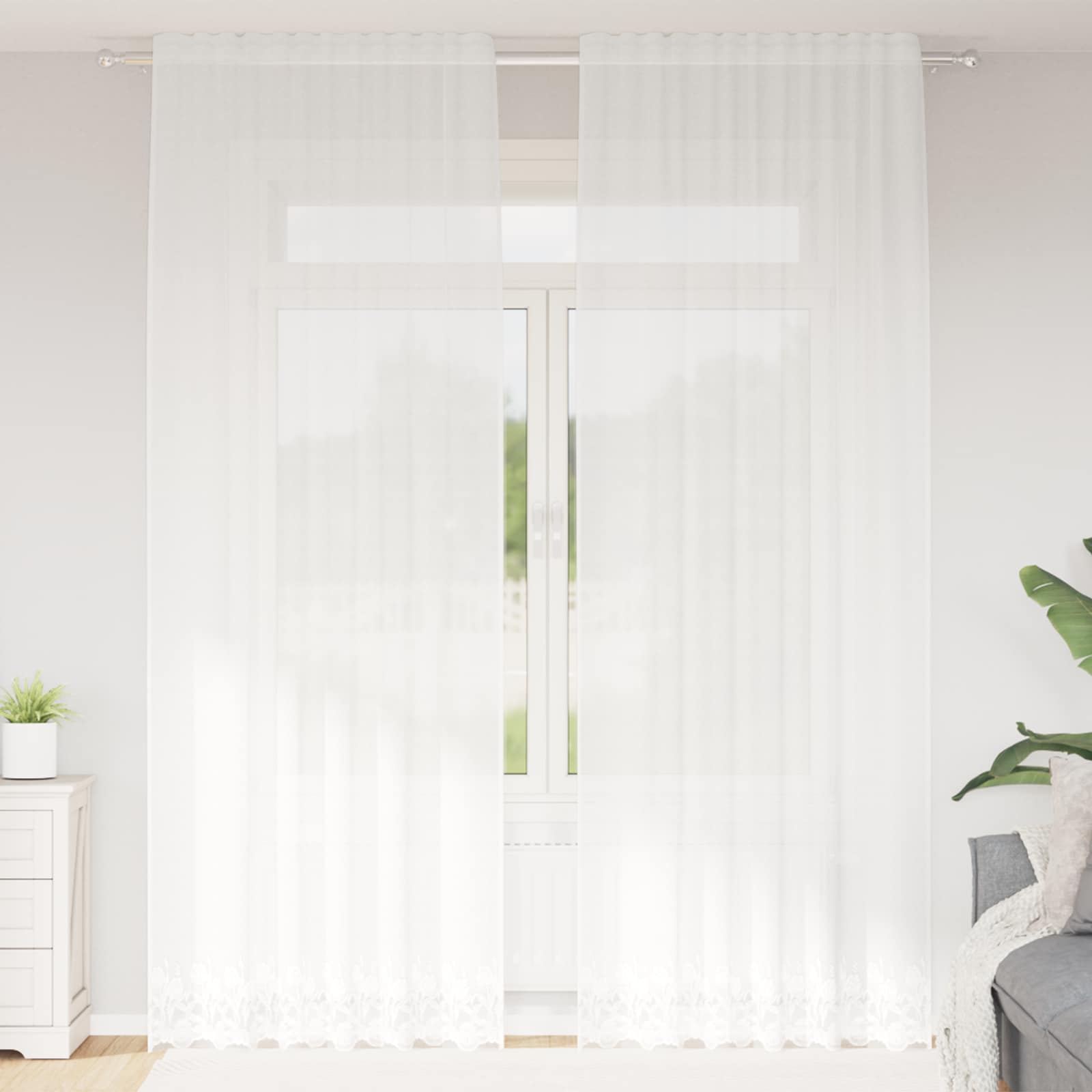 Kantgordijn met gordijnen Bloemen Wit 280 x 150 cm Polyester