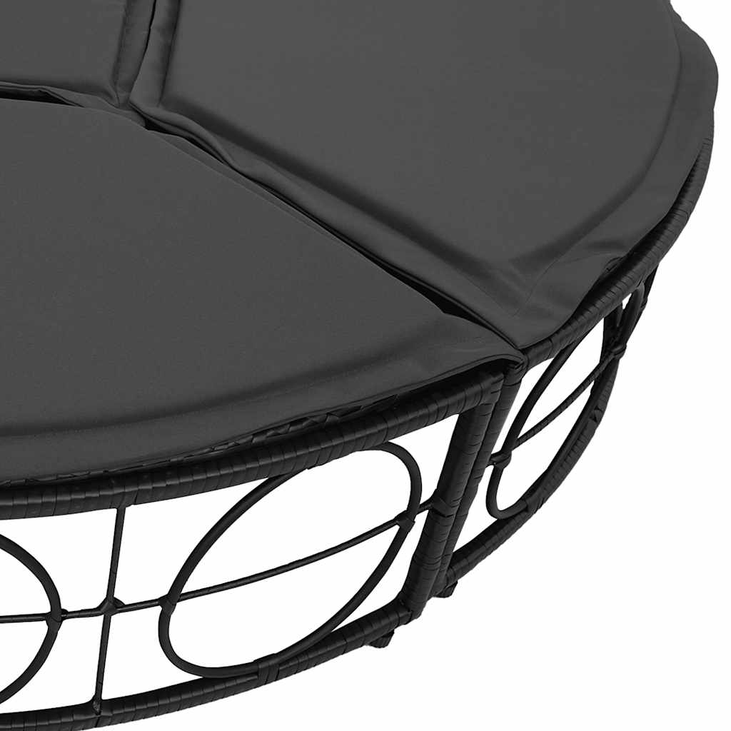 Loungebed met luifel en kussens poly rattan zwart