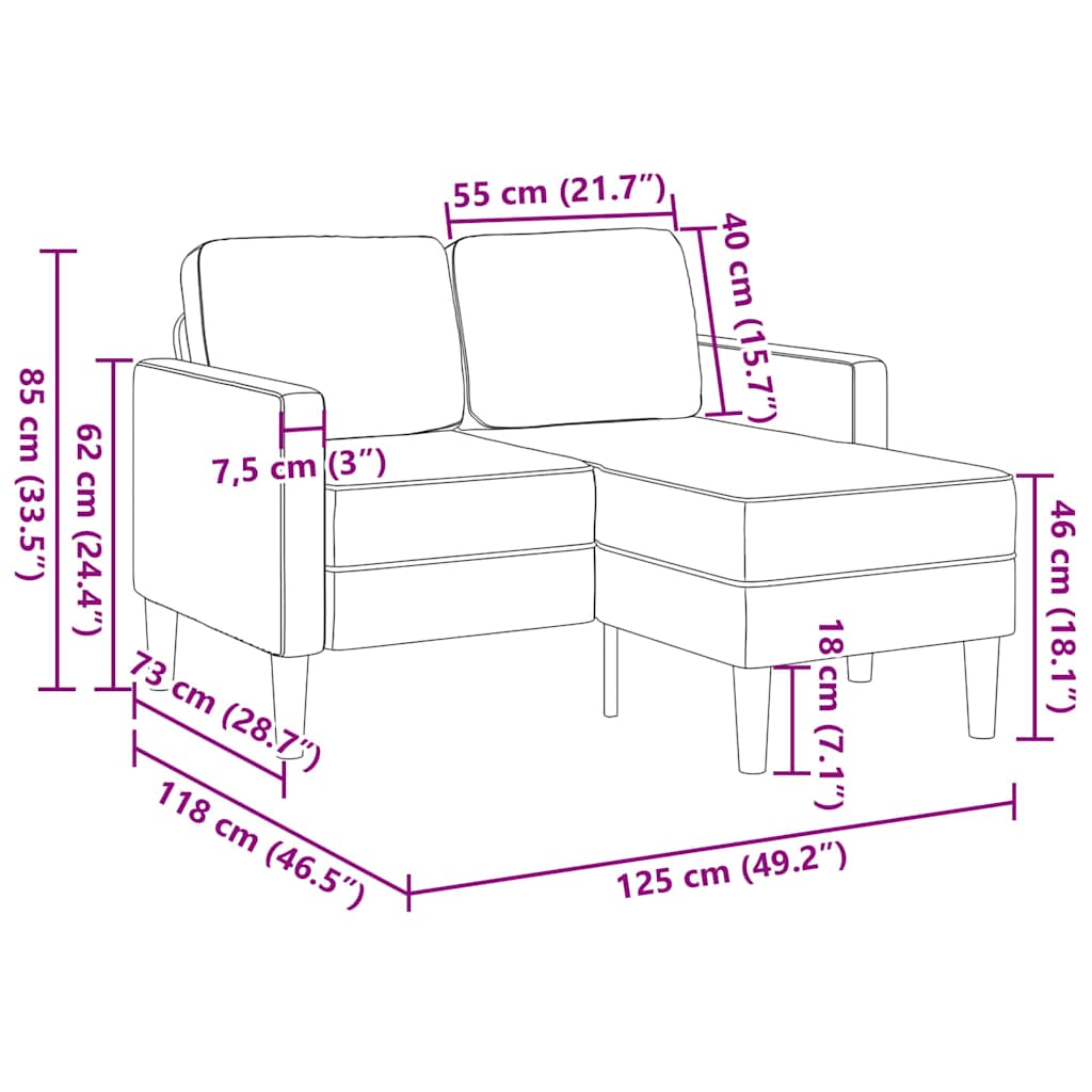 2-zitsbank met chaise longue L-vormig lichtgrijs 125 cm kunstleer