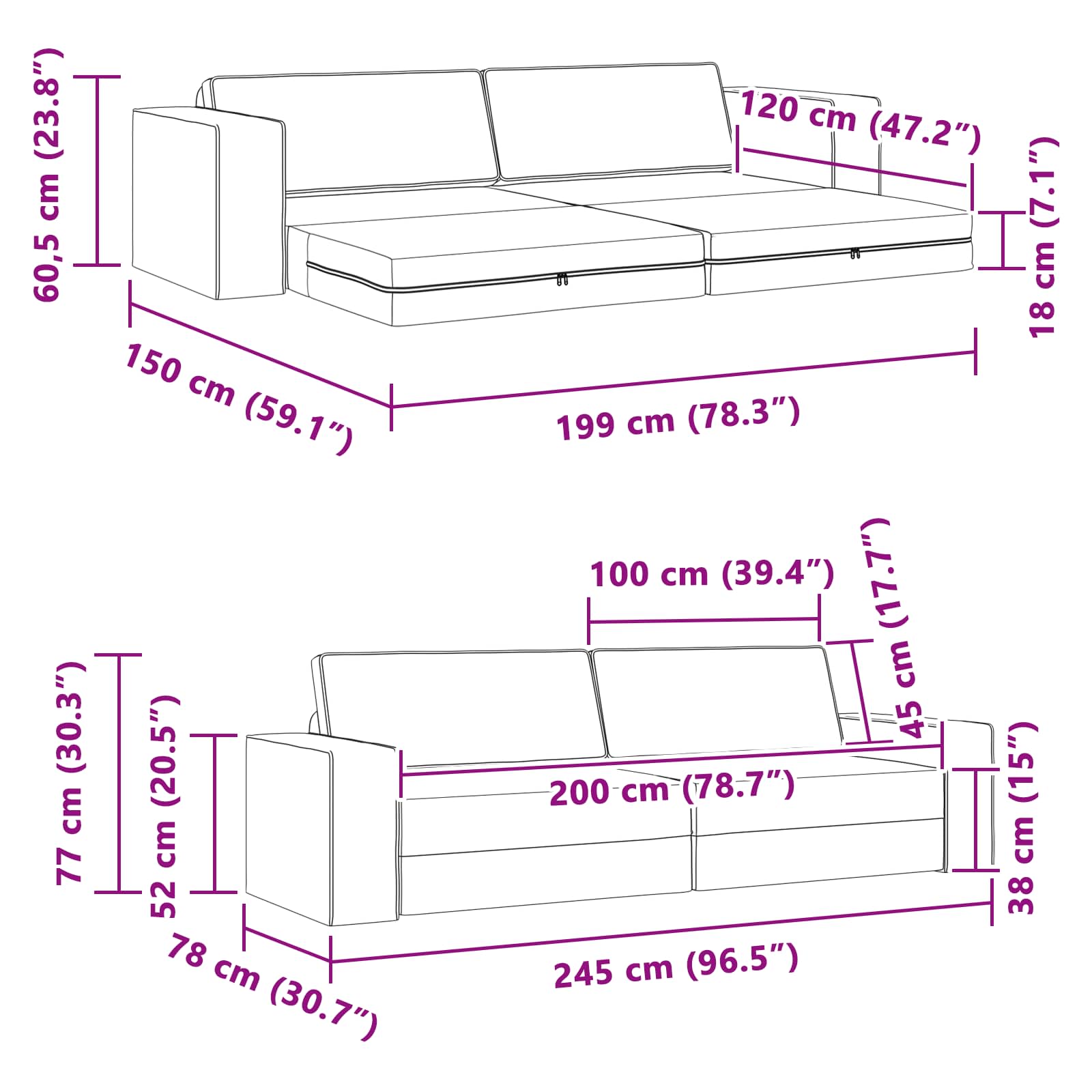 Slaapbank Zwart 245 x 78 x 77 cm Stof
