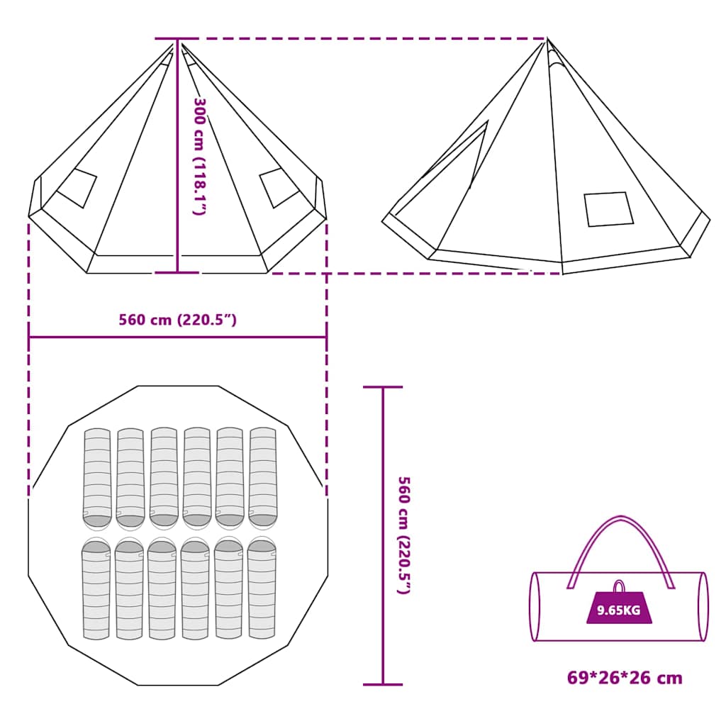 Tipi Tent met dak met opslag Groen 560 x 560 x 300 cm taft
