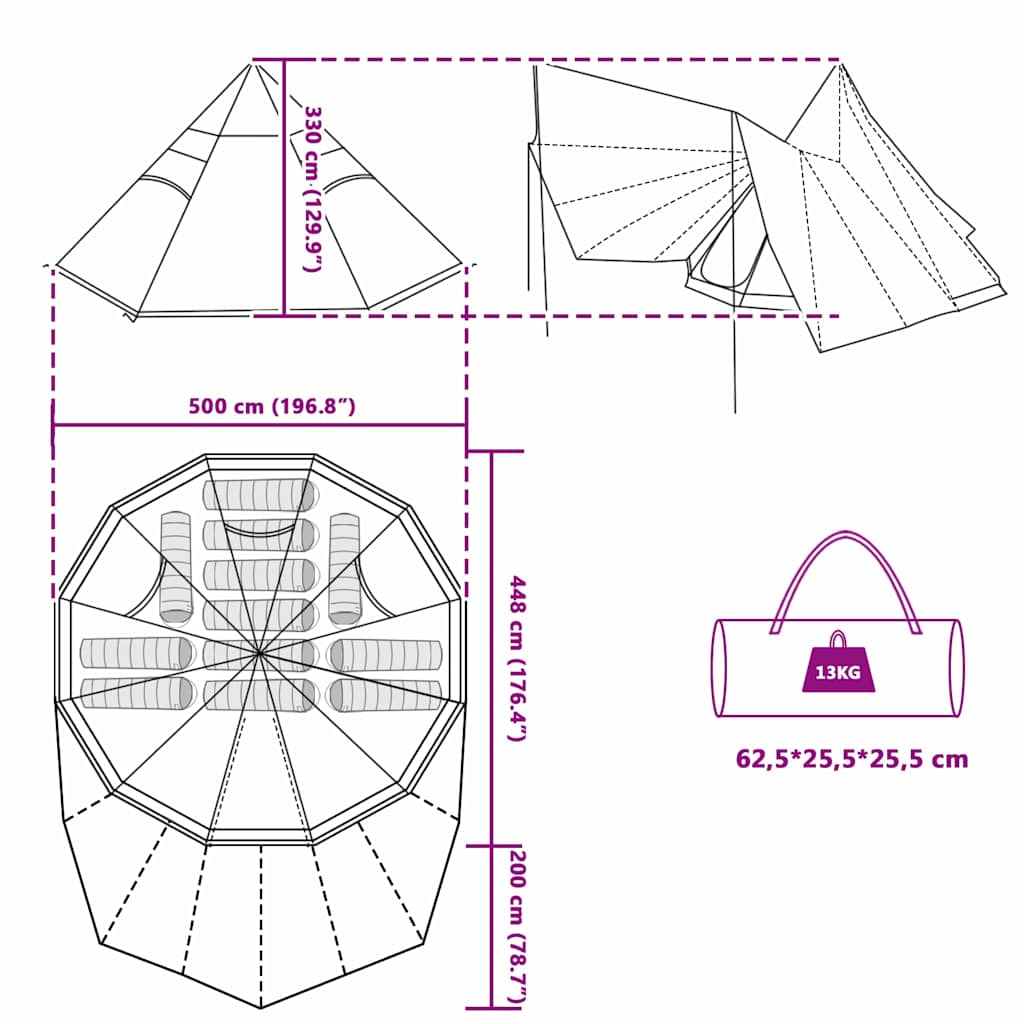 Tipi Tent met dak met opslag Groen 510 x 690 x 330 cm taft