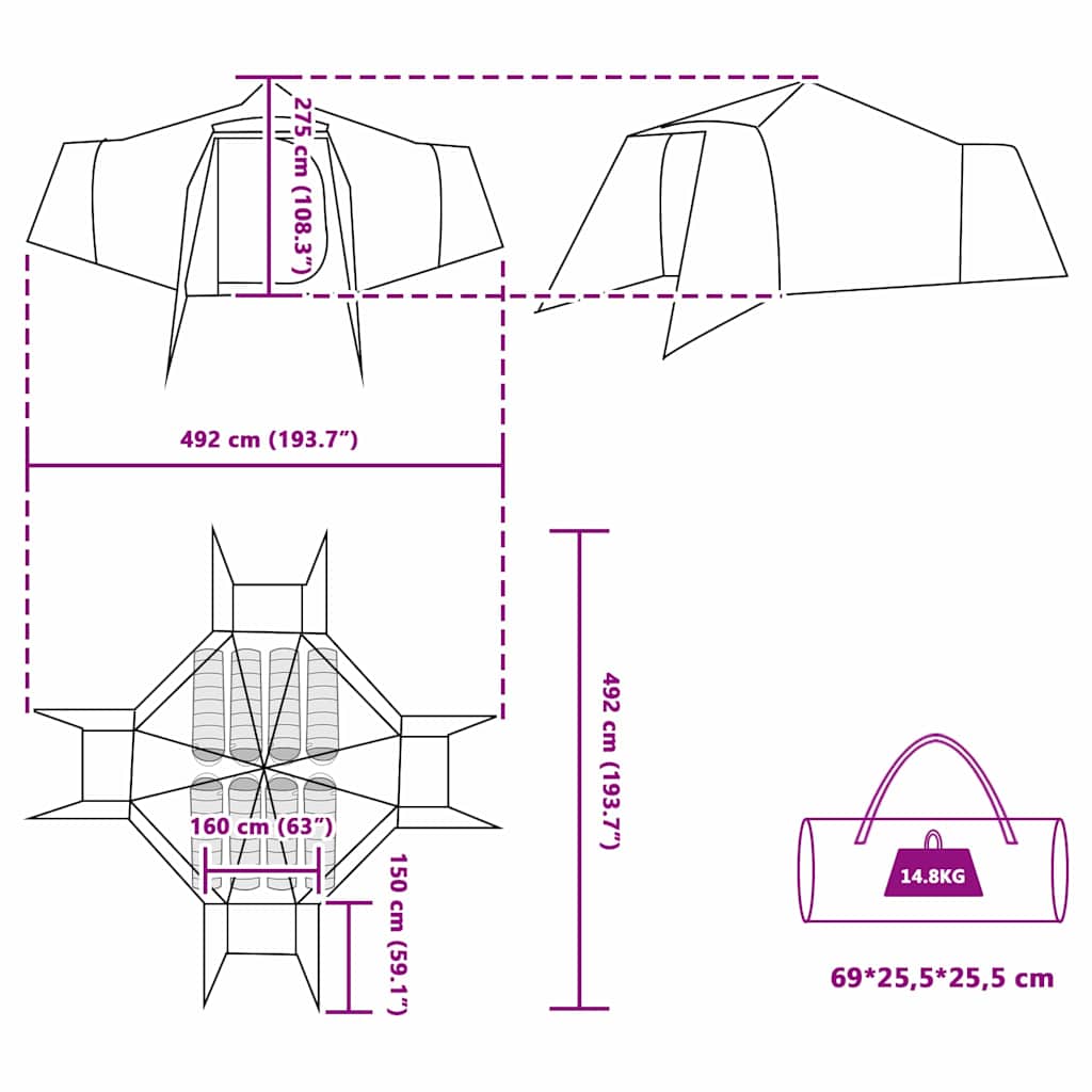 Tipi Tent met dak met opslag Groen 492 x 492 x 275 cm taft