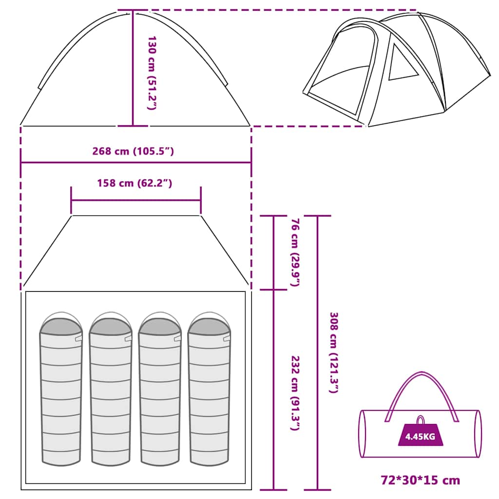 Koepeltent 4-persoons 308 x 268 x 130 cm Waterdicht Groen taft