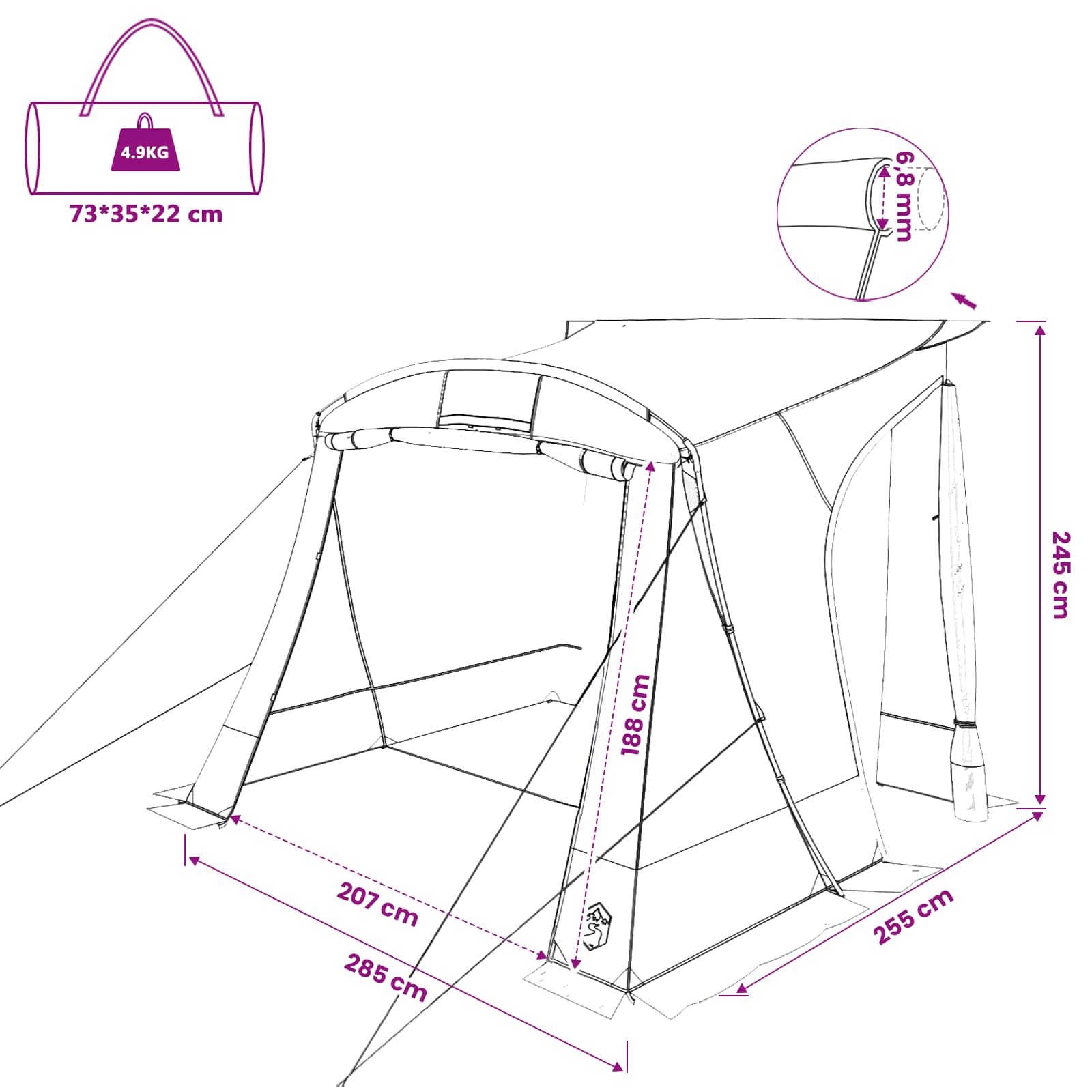 Achterkleptent -persoons 285 x 255 x 245 cm Blauw taft
