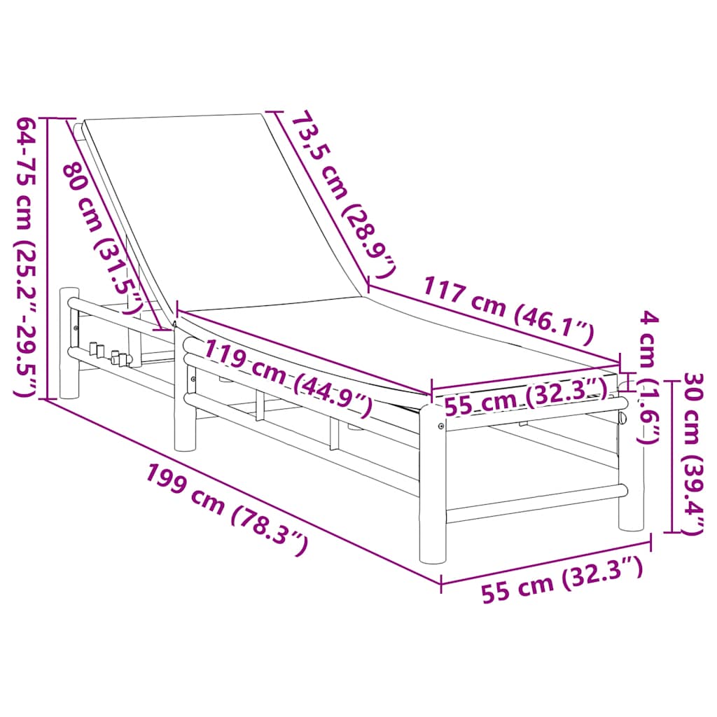 Ligstoel met kussens 55x199x30 cm bamboe