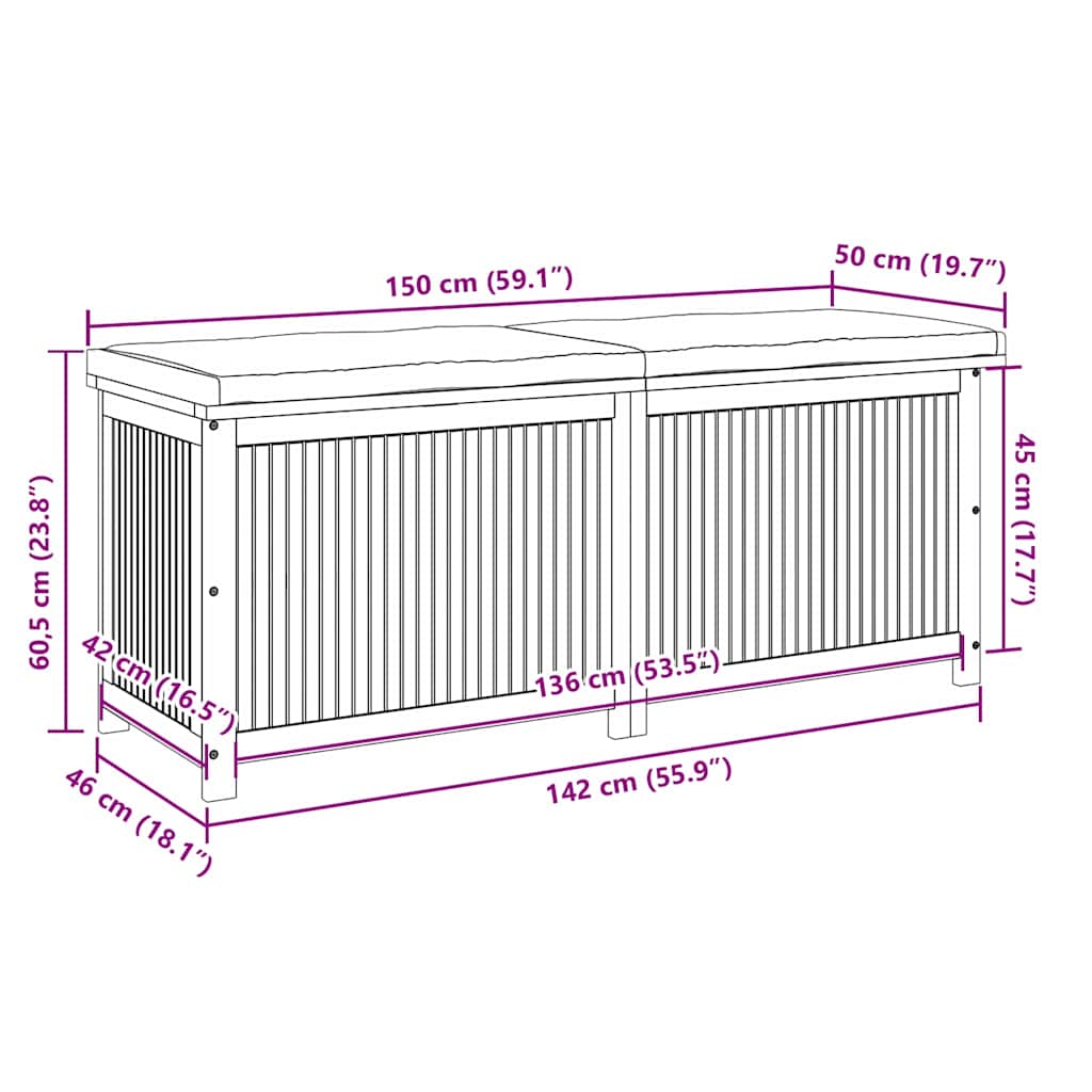 Kussenbox voor buiten 150x50x60,5 cm massief acaciahout