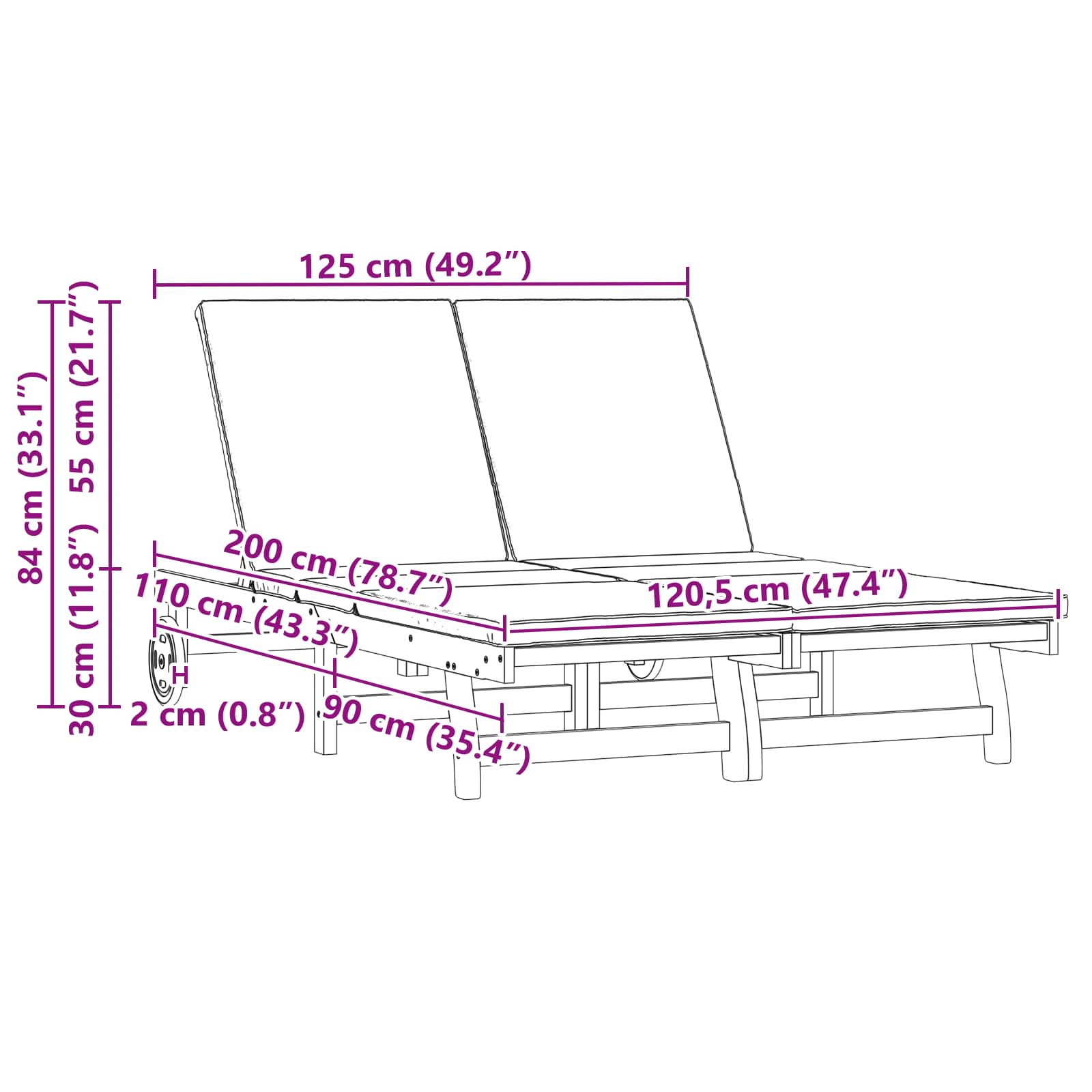 Ligstoel Bruin 125 x 200 x 84 cm Massief Acaciahout