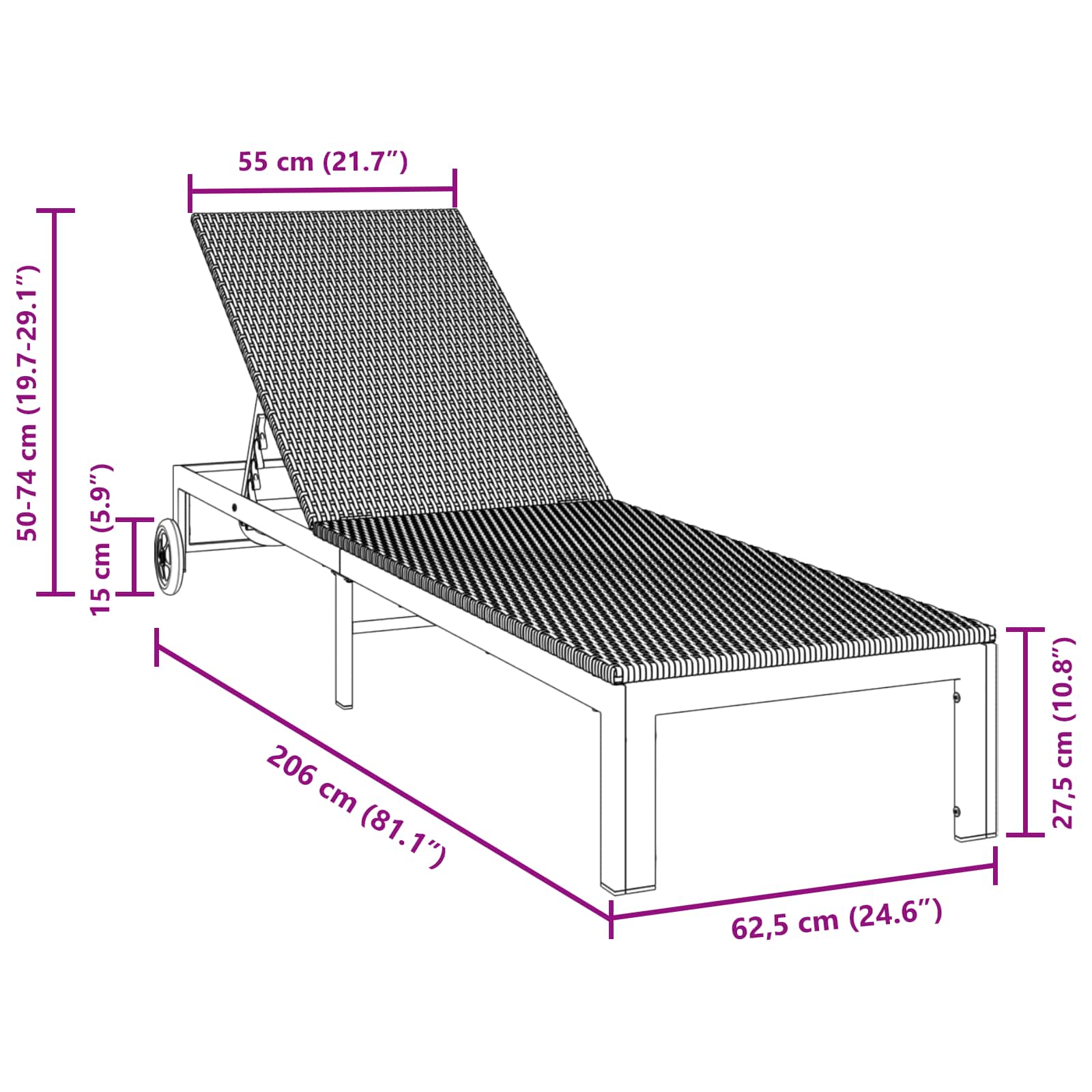 Ligstoel poly rattan Zwart