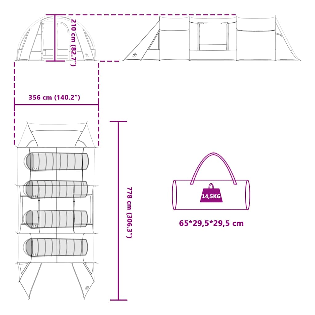 Tunnel Tent 4-Person met dak Groen en Wit 778 x 356 x 210 cm