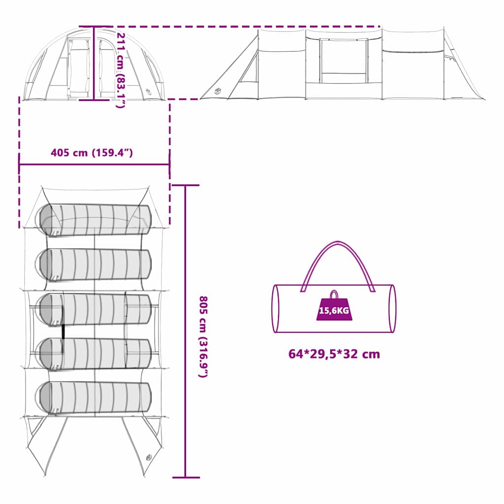 Tunnel Tent 5-Person met dak Grijs en Oranje 805 x 405 x 211 cm
