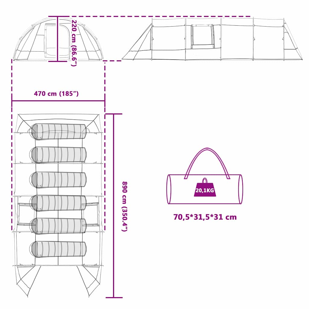 Tunnel Tent 6-Persoon met dak Blauw en Grijs 890 x 470 x 220 cm