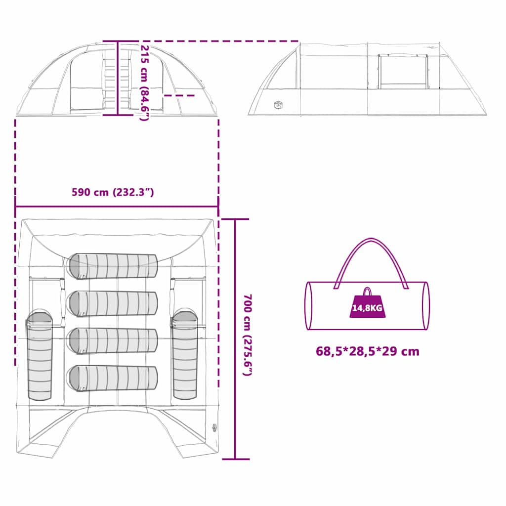 Tunnel Tent 6-Persoon met dak Blauw en Grijs 700 x 590 x 215 cm
