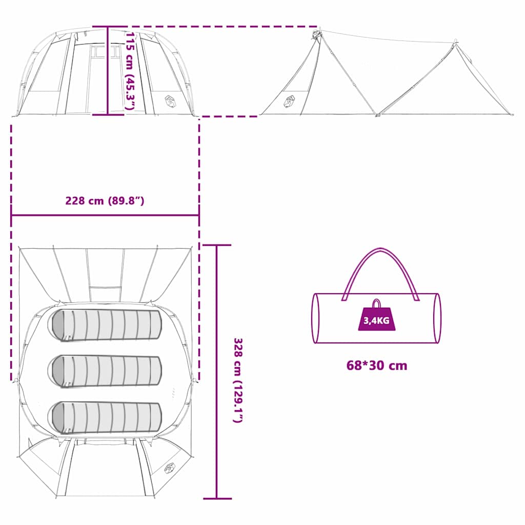Tunnel Tent 3-Person met dak Grijs en Oranje 328 x 228 x 115 cm