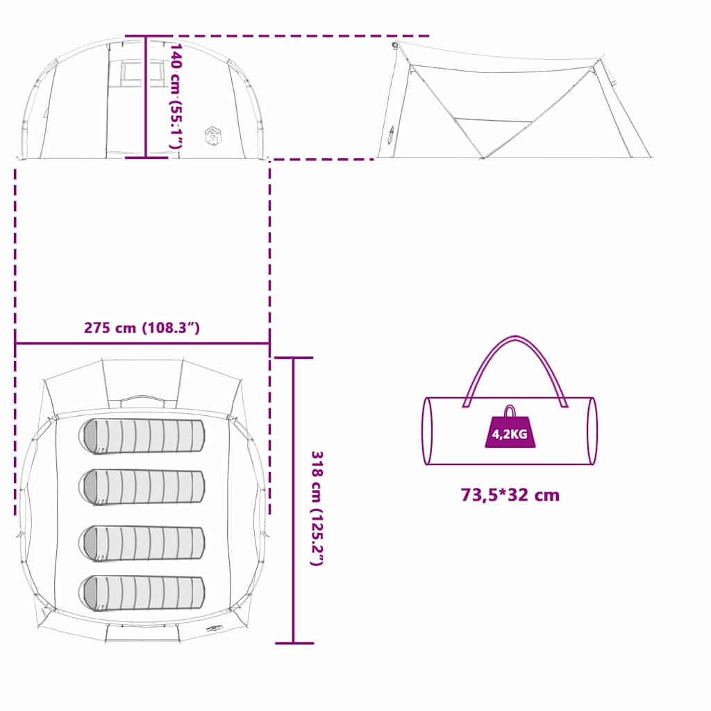 Tunnel Tent 4-Person met dak Blauw en Grijs 318 x 275 x 140 cm