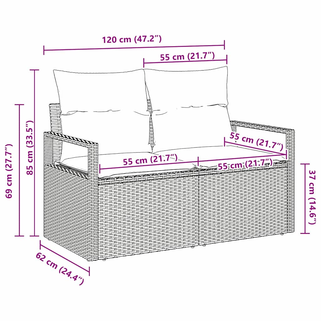 Tuinbank met kussen 120 x 62 x 69 cm poly rattan