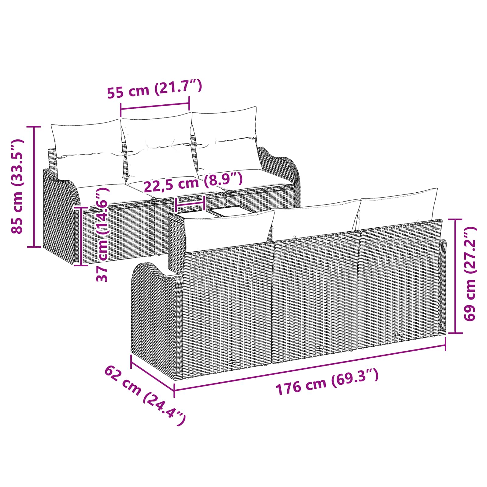 Tuin Sofa Set Grijs 55 x 55 x 37 cm poly rattan
