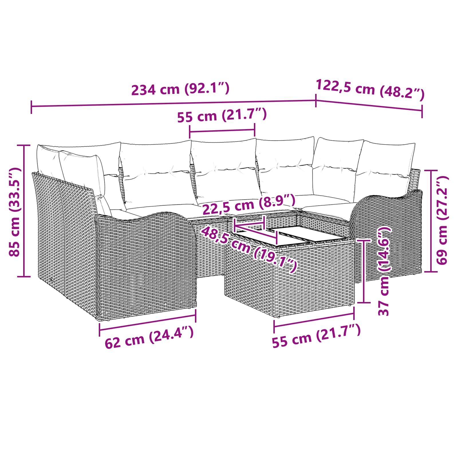 Tuin Sofa Set Grijs 55 x 55 x 37 cm poly rattan