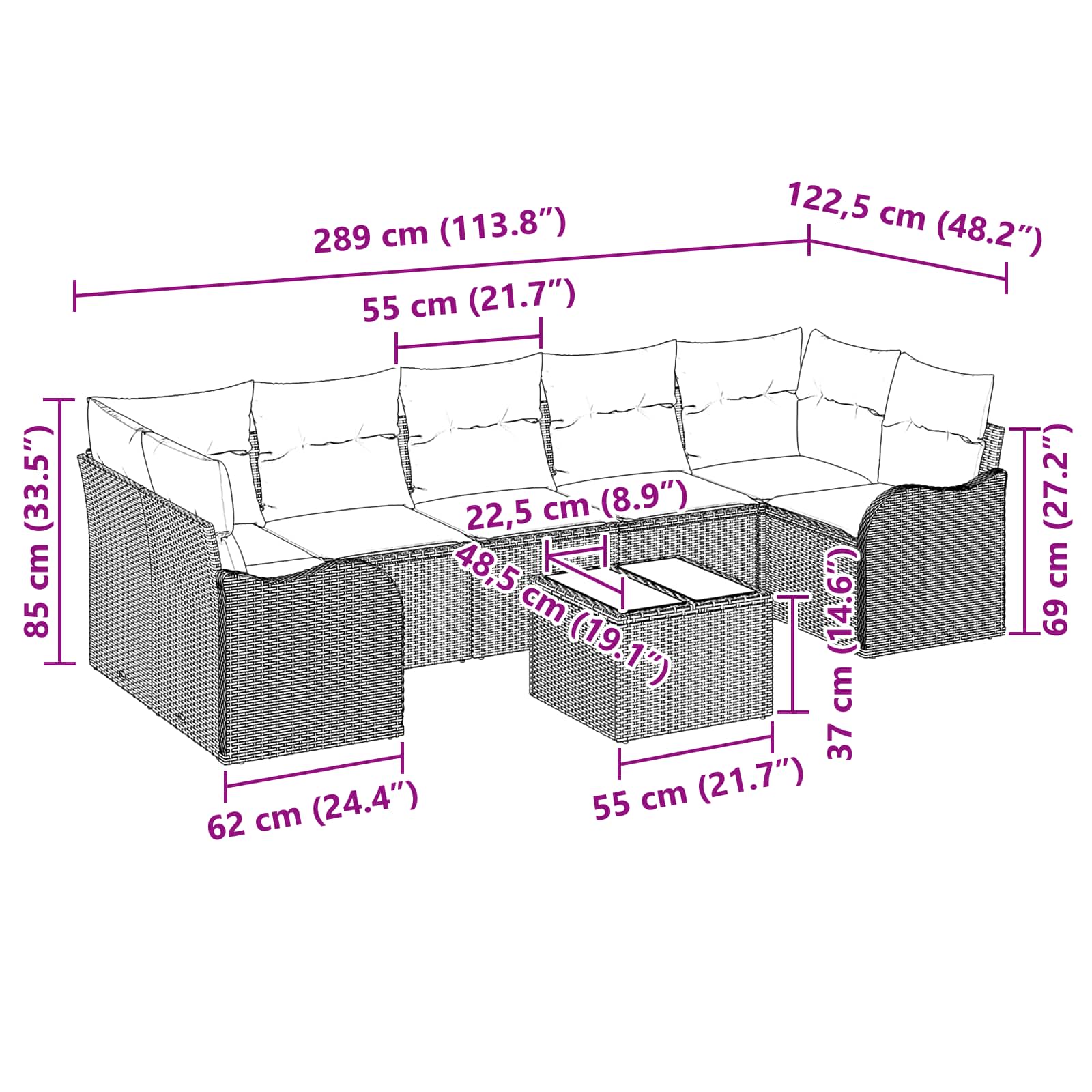 Bankstel 8 st 7-Aantal zitplaatsen Grijs poly rattan