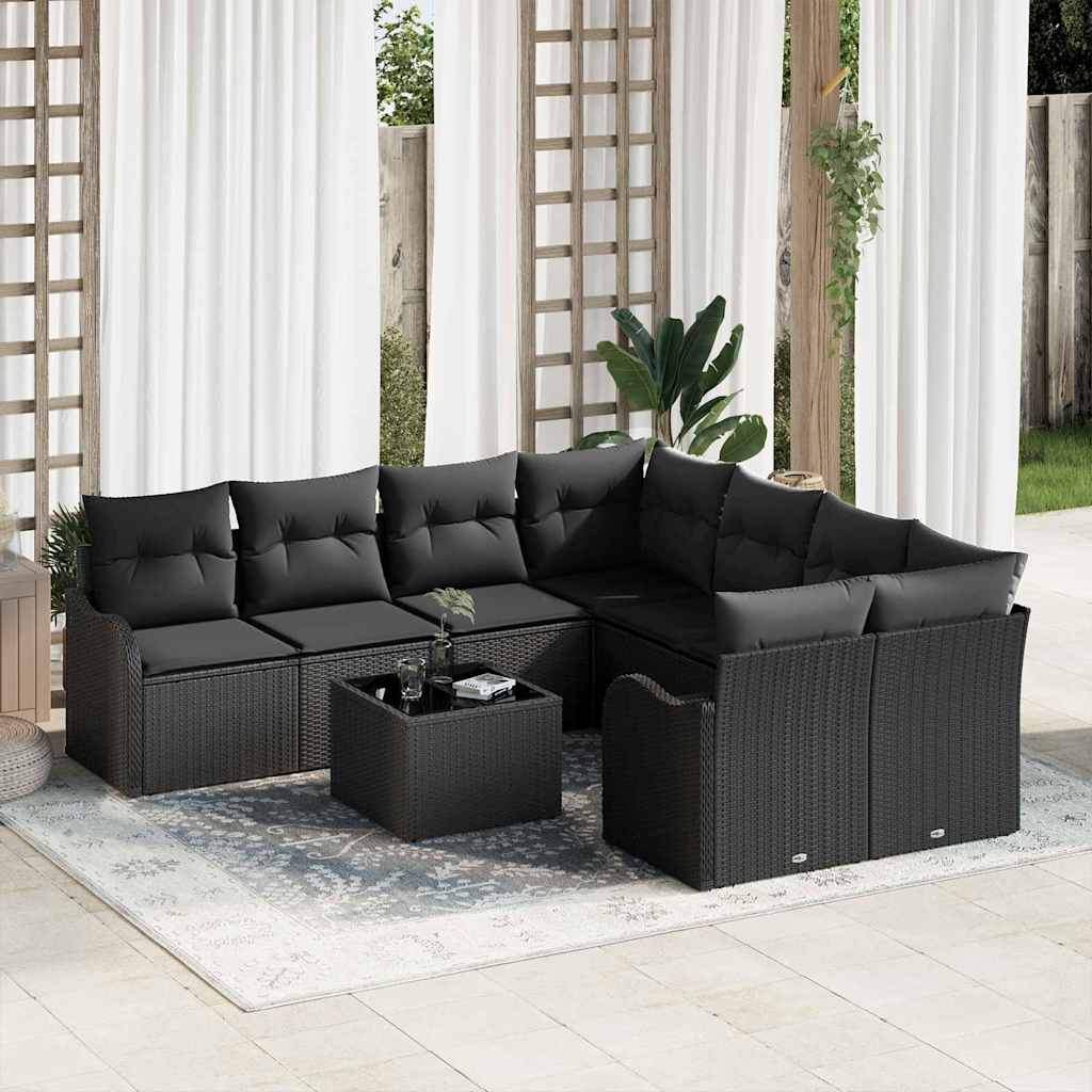 Tuin Sofa Set 9 st 8-Aantal zitplaatsen Zwart poly rattan
