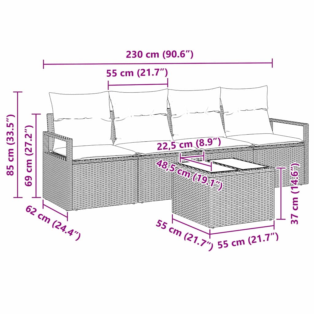 Bankstel 5 st 4-Aantal zitplaatsen Bruin en Crème poly rattan