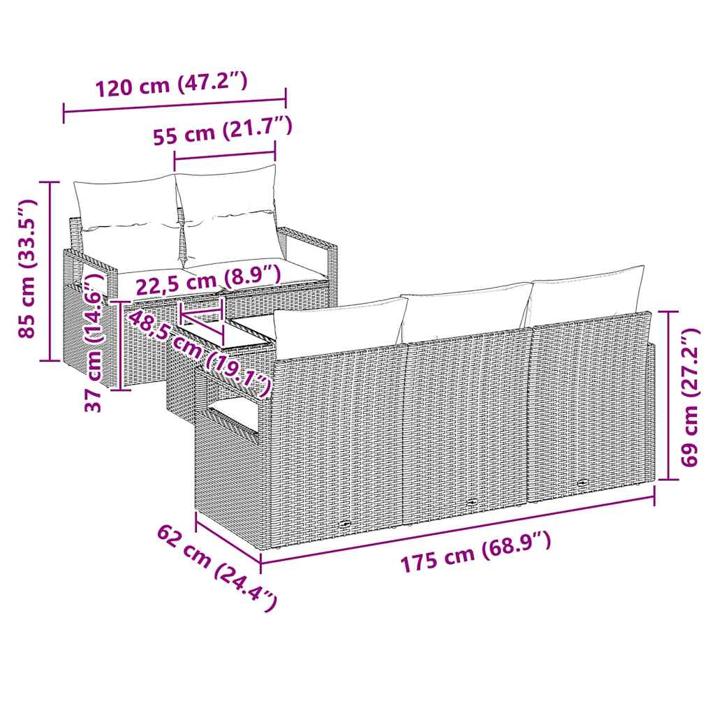 Bankstel 6 st 5-Aantal zitplaatsen Bruin en Crème poly rattan