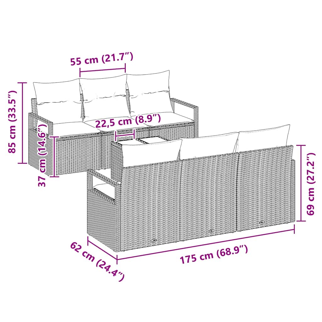 Bankstel 7 st 6-Aantal zitplaatsen Lichtgrijs poly rattan