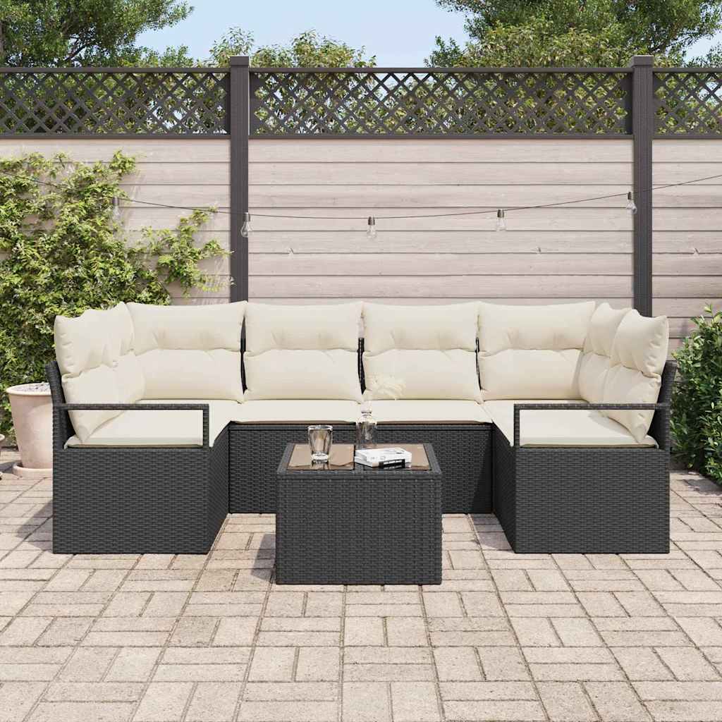 Bankstel 7 st 6-Aantal zitplaatsen Zwart en Crème poly rattan