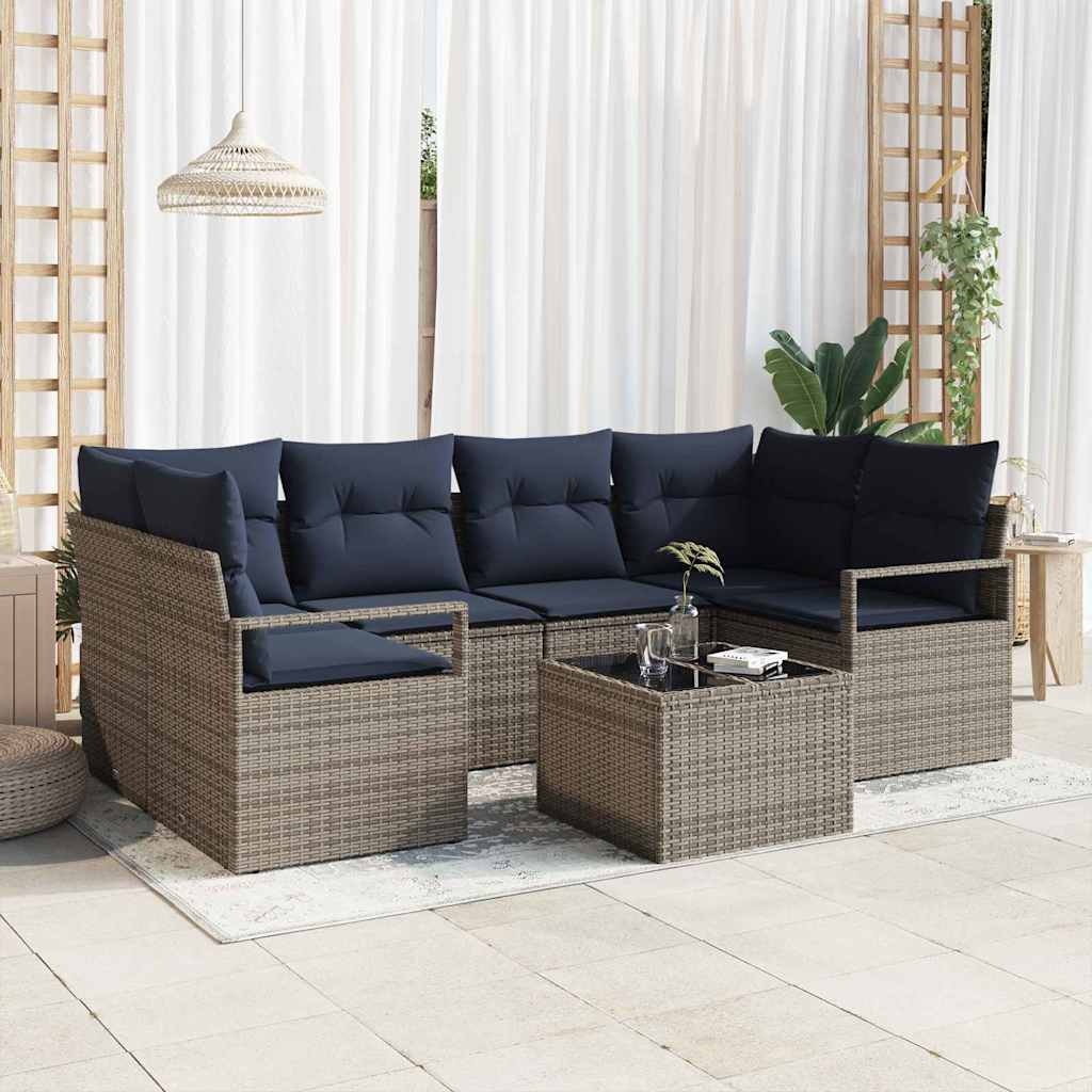 Bankstel 7 st 6-Aantal zitplaatsen Grijs en Blauw poly rattan