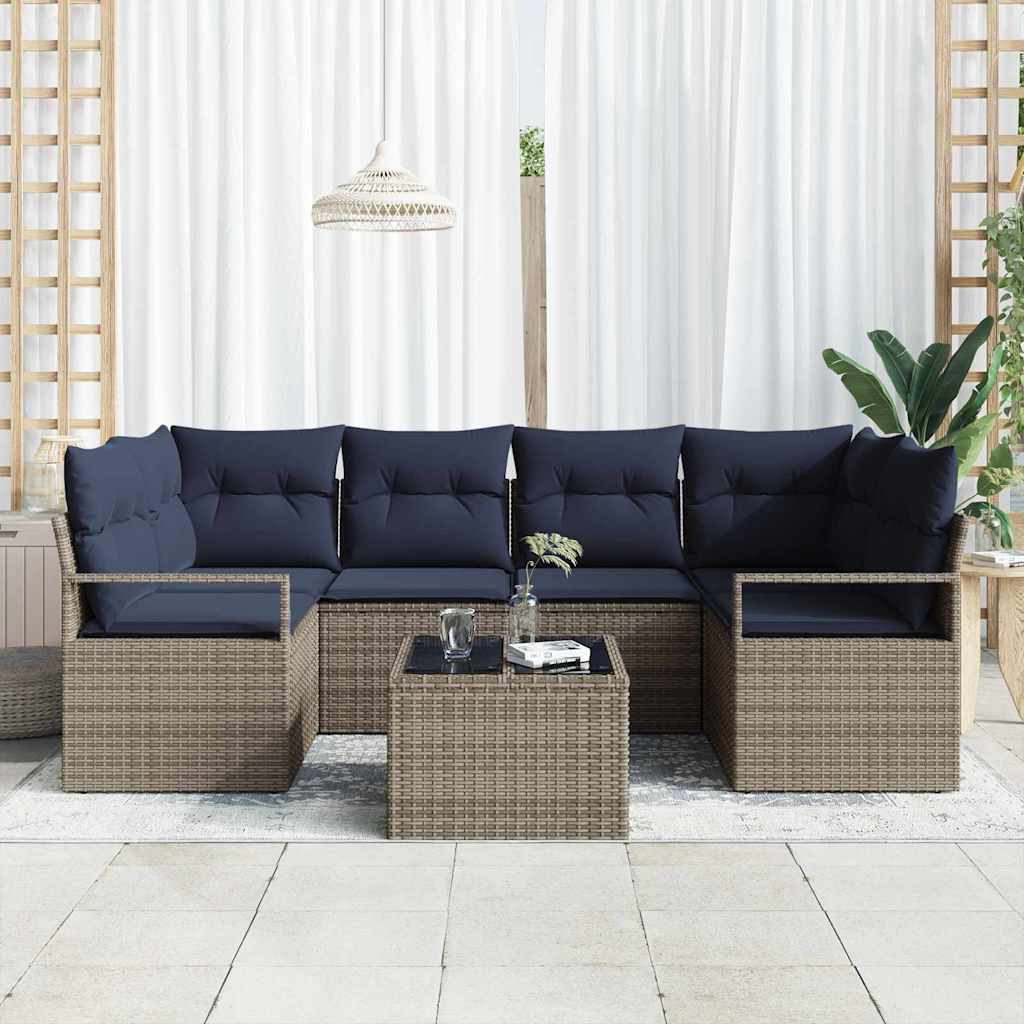 Bankstel 7 st 6-Aantal zitplaatsen Grijs en Blauw poly rattan