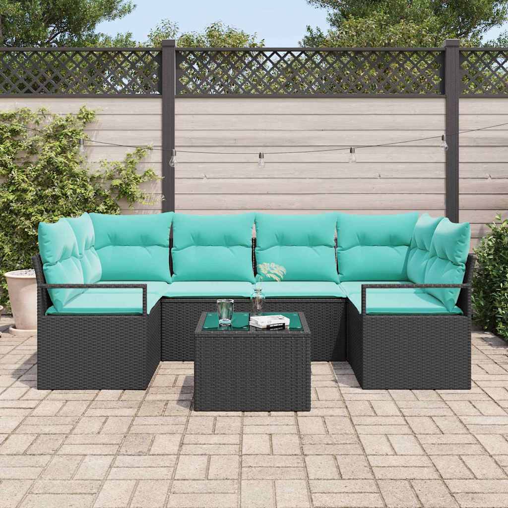 Bankstel 7 st 6-Aantal zitplaatsen Zwart en Blauw poly rattan
