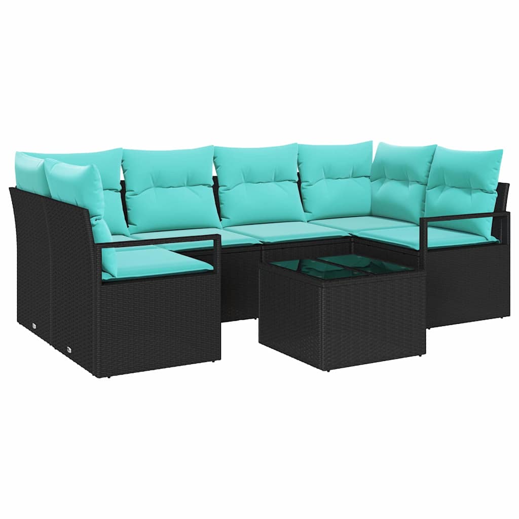 Bankstel 7 st 6-Aantal zitplaatsen Zwart en Blauw poly rattan