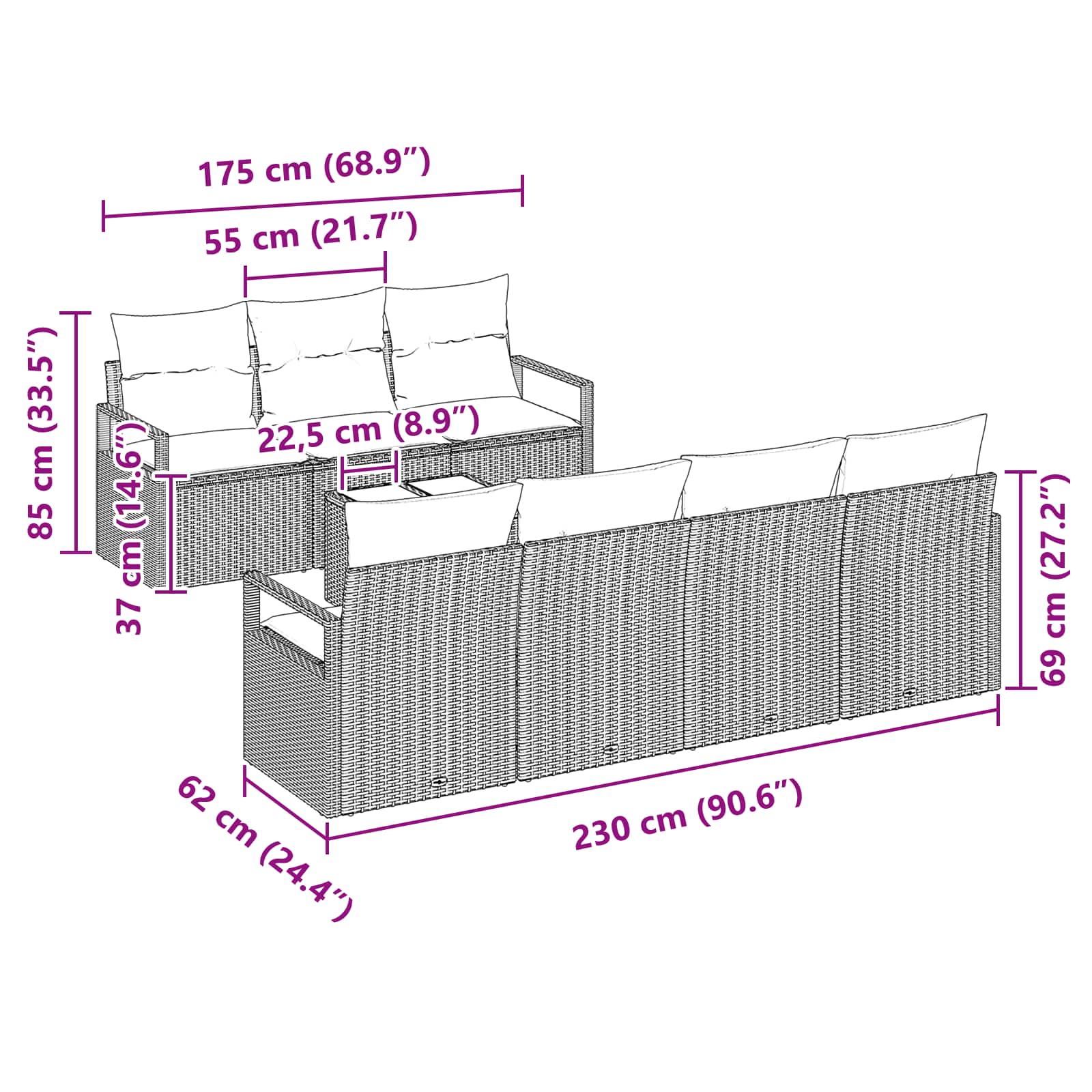 Bankstel 8 st 7-Aantal zitplaatsen Grijs poly rattan