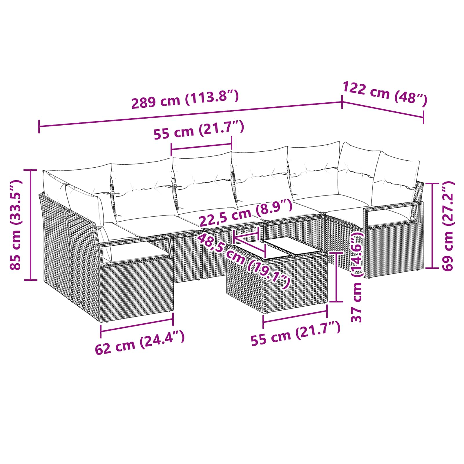 Bankstel 8 st 7-Aantal zitplaatsen Grijs poly rattan