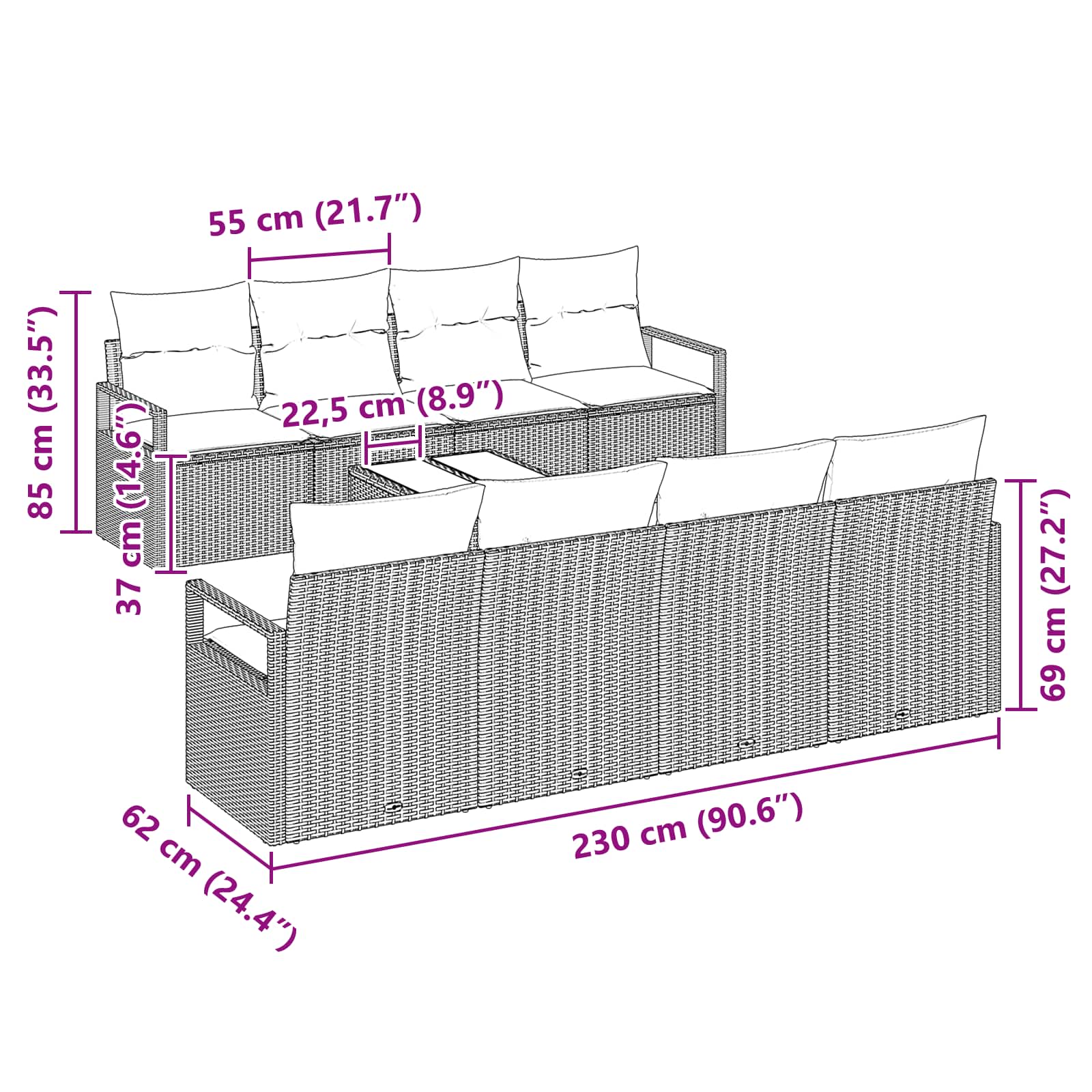 Bankstel 7 st 6-Aantal zitplaatsen Bruin en Rood poly rattan